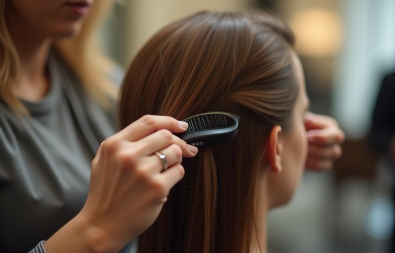 Coiffeur finissant la coiffure d'une cliente