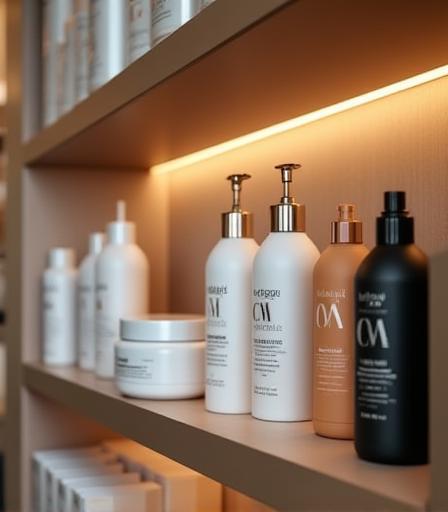 Étagère présentant des produits capillaires professionnels
