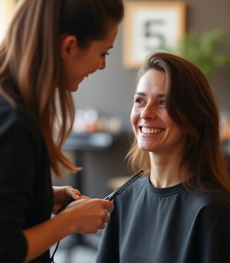 Coiffeur discutant avec une cliente pendant la coupe